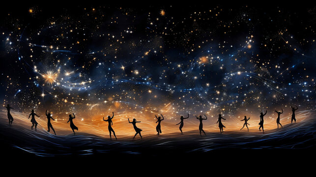 silhouettes of dancers dancing under the stars