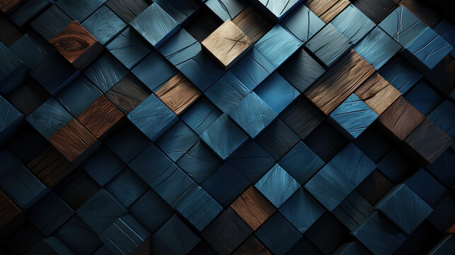 Fototapeta Blue and Grey Blue Rock Stones 3d Random Wooden Cubes or Blocks Geometric Background