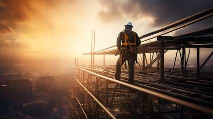 Construction engineer or worker at top of building, scaffolding installation project - obrazy, fototapety, plakaty