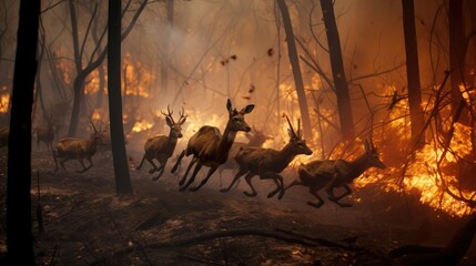 Animals Running Escaping To Save Their Lives from the burning forest. climate change, droughts and forest fires concept