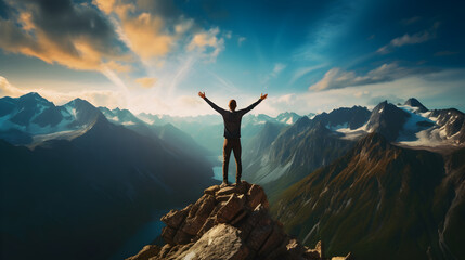 A happy person standing on mountain top with hands raised, mermerizing view of mountains - obrazy, fototapety, plakaty