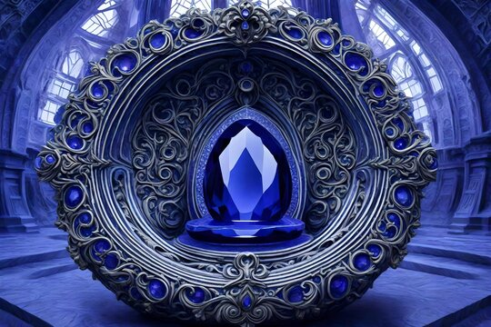 Generate an image of a regal throne carved entirely from rare, blue-violet tanzanite