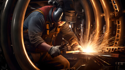 Welder welding a pipeline in a factory