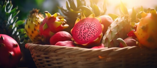 fresh dragon fruit cut with a knife on a background of fruits in a basket
