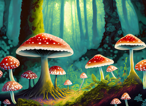 Mystical magic forest with fly agarics, illustration 