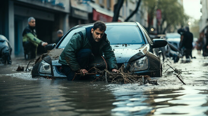 Flooding in the city after the rain. Cars submerged in flood water