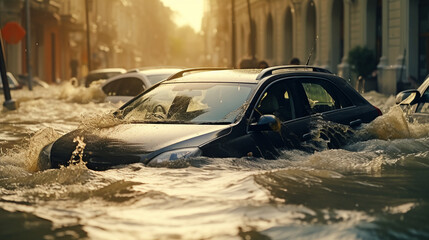 Flooding in the city after the rain. Cars submerged in flood water