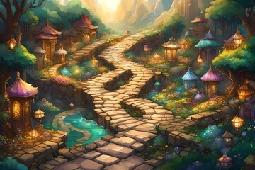 Create an image of an elegant, time-worn road paved with shimmering gemstones, leading to an untamed, mythical realm filled with magical creatures