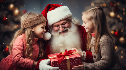 Fototapeta na wymiar stockphoto, copy space, close up, Santa Claus gives a gift to two girls. Santa Claus giving suprise presents to two young children. Happy Christmas holidays. Merry Christmas.