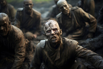Obraz premium zombie soldiers of 20 century in a battlefield trenches. Neural network generated image. Not based on any actual person or scene.