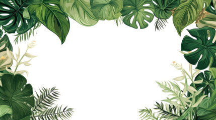 Botanical foliage frame with palm tree, monstera plants, fern on a white background, plant border, digital illustration