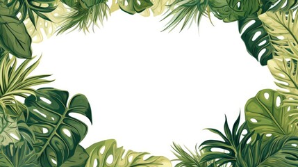 Botanical foliage frame with palm tree, monstera plants, fern on a white background, plant border, digital illustration