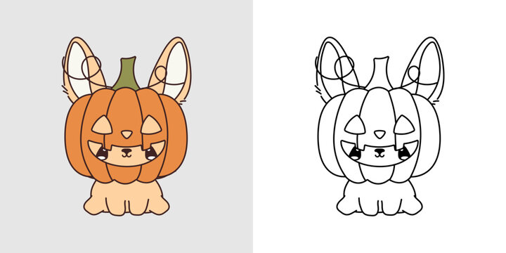 Cute Halloween Rabbit Illustration and For Coloring Page. Cartoon Clip Art Halloween Hare. 