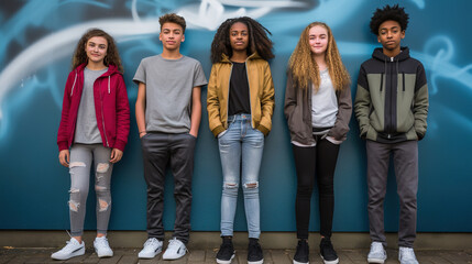 Fototapeta premium Diverse five friends teens staying posing over wall, looking at camera.