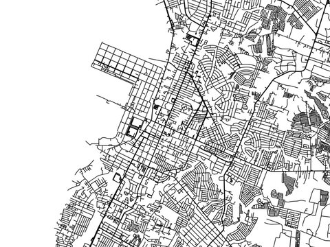 Vector road map of the city of  Bacolod City in the Philippines with black roads on a white background.