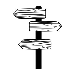 Wooden pointer. Way sign at a fork in the road. Hand drawn vector illustration.