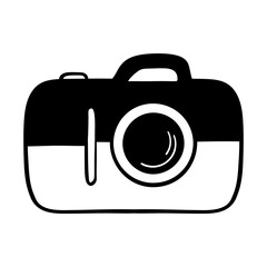 Camera. Tourist accessory. Memories. Capturing highlights. Vector illustration in doodle style.