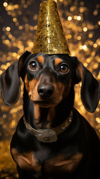 Christmas photo of a dachshund. New Year's dog.