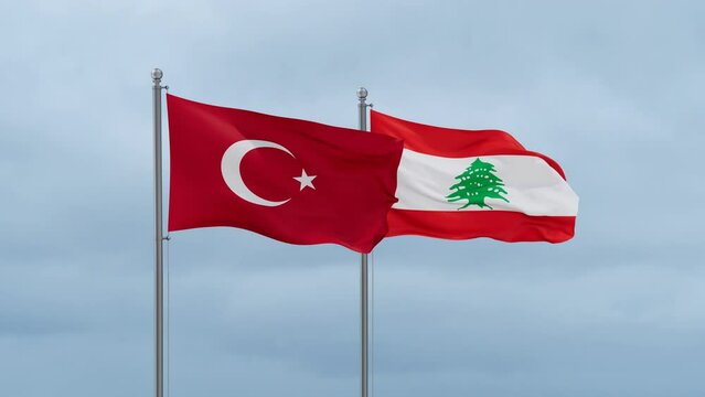 Lebanon flag and Turkey flag waving together on cloudy sky, endless seamless loop, two country relations concept