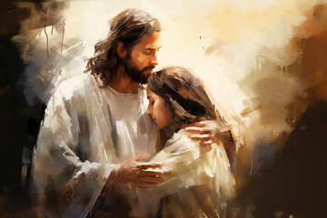 Religious Christian art depicting Jesus Christ hugging a girl - artistic painting style