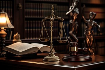Law theme, Judge gavel, law scales, and books on black background. Law concept of Judiciary, Jurisprudence, and Justice. AI-Generated..