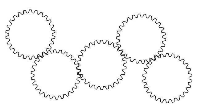 Animated black gears spin. Linear symbol. Looped video. Vector illustration isolated on white background. 