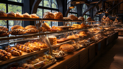 Artisanal bakery displaying pastries and breads in glass showcases