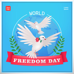 A pair of doves flying while carrying flowers on an earth background. 3d vector, suitable for World Independence Day and Peace