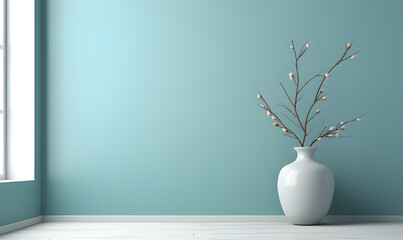 Empty interior background room with blue wall and white flower in vase. 