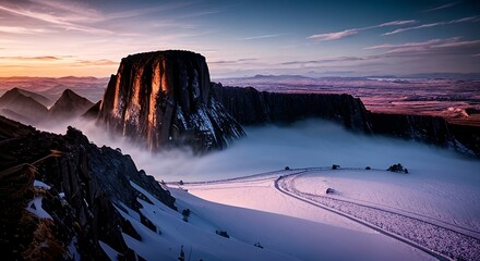 A beautiful sunset over a mountain range, with a snow-covered mountain peak in the distance. The mountain is illuminated by the sun, creating a stunning contrast against the serene backdrop.