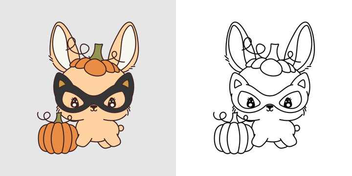Set Clipart Halloween Hare Coloring Page and Colored Illustration. Kawaii Halloween Bunny