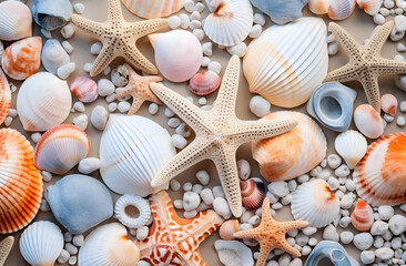 Fototapeta na wymiar seashells and starfish background