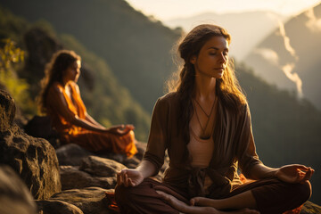 Unity connection with yourself, meditating for inner peace zen balance, stable mental health concept. Young female students women practicing breathing yoga pranayama in mountain sunrise nature park - obrazy, fototapety, plakaty