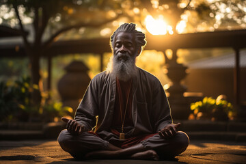 Senior afro-american old grey haired man practicing breathing yoga pranayama in sunset or sunrise. Unity connection with yourself, inner peace meditation zen balance, stable mental health concept