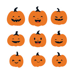 Set of Halloween pumpkins with smiling faces. Vector flat style illustration for design poster, banner, print.