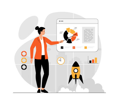 Startup business concept. Woman investing money, planning and launches new company. Illustration with people scene in flat design for website and mobile development.