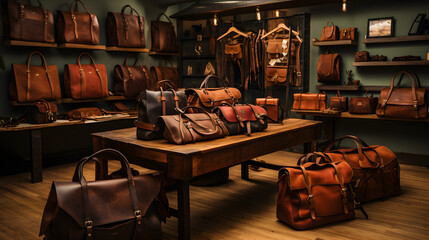 Leather store showcasing handcrafted bags, belts, and shoes - obrazy, fototapety, plakaty