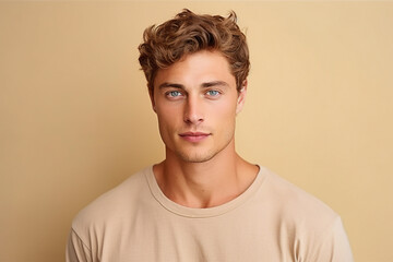 Generative AI portrait of a very handsome brown hair man isolated on beige background
