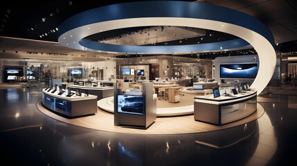 High-end electronics store with interactive product showcases - obrazy, fototapety, plakaty
