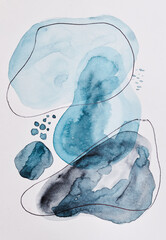 Abstract blue background. Watercolor ink multicolor art collage. Stains, blots and brush strokes of acrylic paint on white paper.