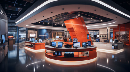 High-end electronics store with interactive product showcases