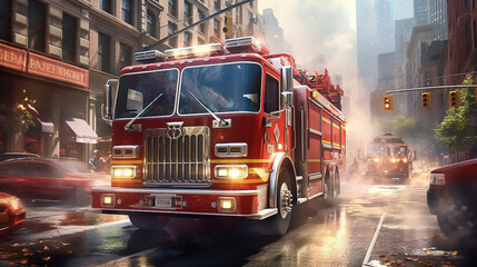 Fire engine on a city street