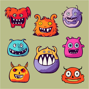 Set of funny monsters head in vector art