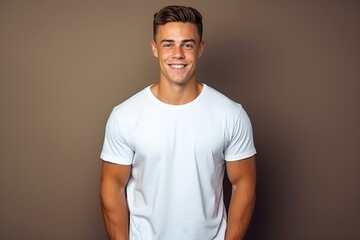 Portrait of a Fictional Smiling Handsome Male Model Wearing a White T-Shirt. Isolated on a Plain Colored Background. Generative AI. - obrazy, fototapety, plakaty