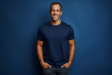 Portrait of a Fictional Smiling Handsome Male Model Wearing a Navy Blue T-Shirt. Isolated on a Plain Colored Background. Generative AI. - obrazy, fototapety, plakaty