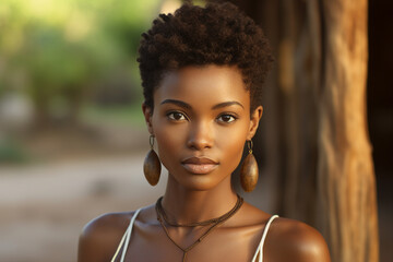 Young african woman with short afro hairstyle posing outdoors Generative AI picture