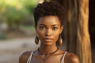 Meubelstickers Young african woman with short afro hairstyle posing outdoors Generative AI picture © Tetiana