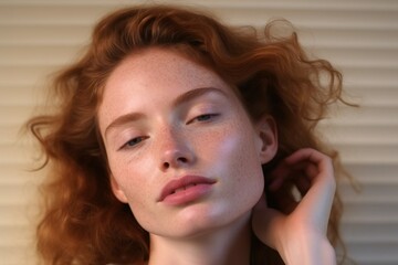 Naklejka premium Close-Up Portrait of a Beautiful Fictional Woman's Face. Detailed Facial Expression and Eyes. Generative AI.