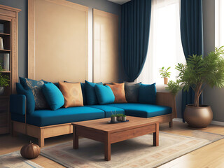 Home mockup, living room in Japandi style, 3d render