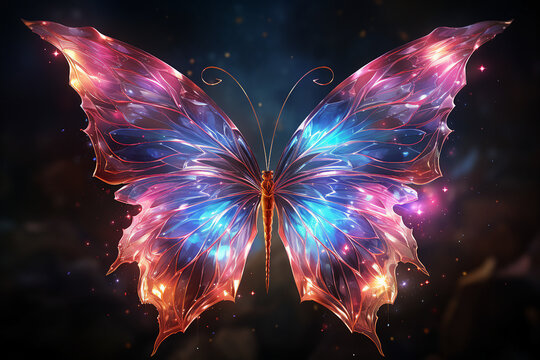 Image wallpaper of abstract butterfly created with generative AI isolated on dark background